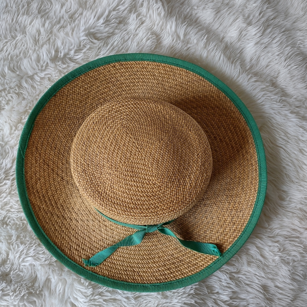 Straw Hat Made in Italy Green Trim  Beach Sun - Picture 3 of 10